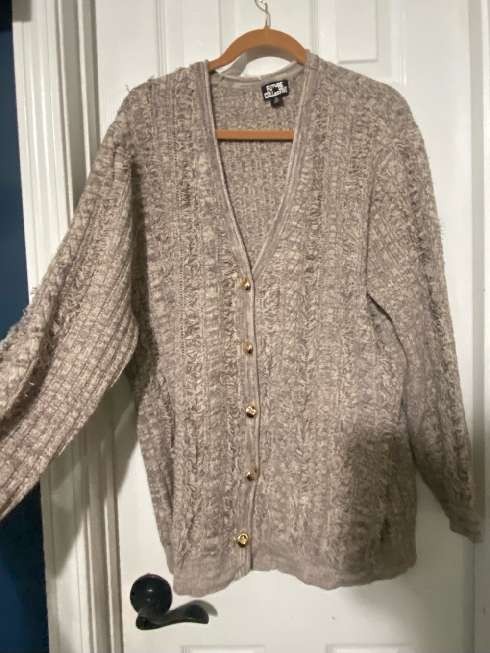 Future Collective Target Fringe Knit Oversized Cardigan Gold Buttons Taupe XL